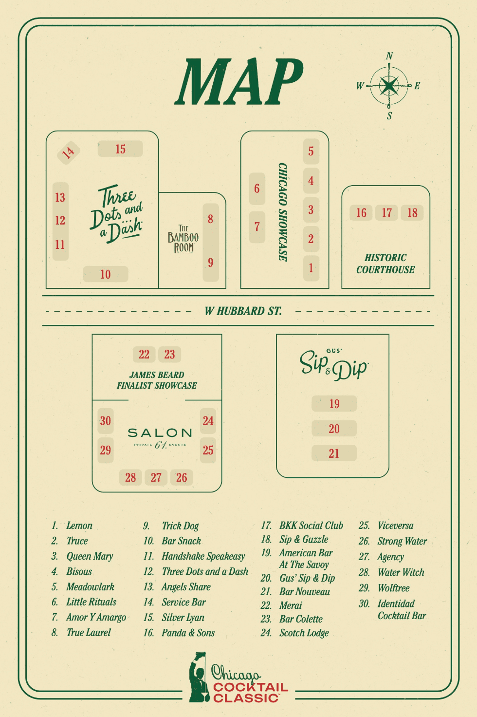 a map of the chicago classic cocktails event showcasing the bars listed above at each of the venues
